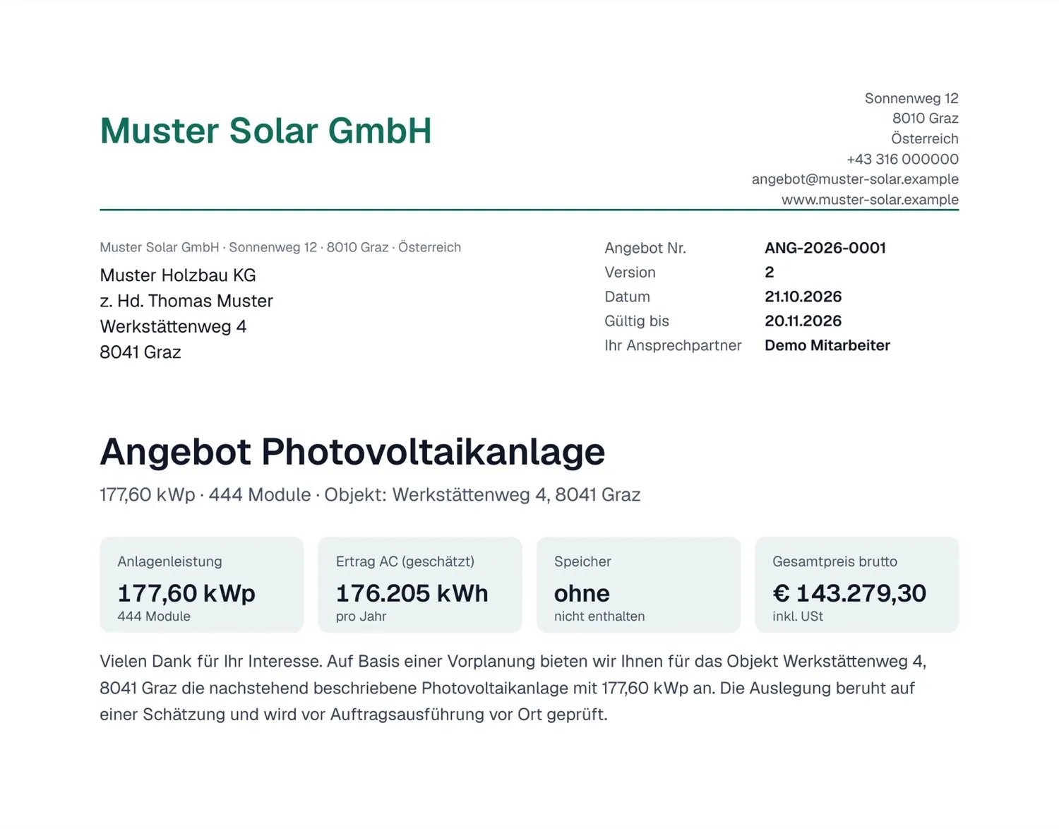 Kunden-PDF: Angebot Photovoltaikanlage mit Leistung, Ertrag und Gesamtpreis