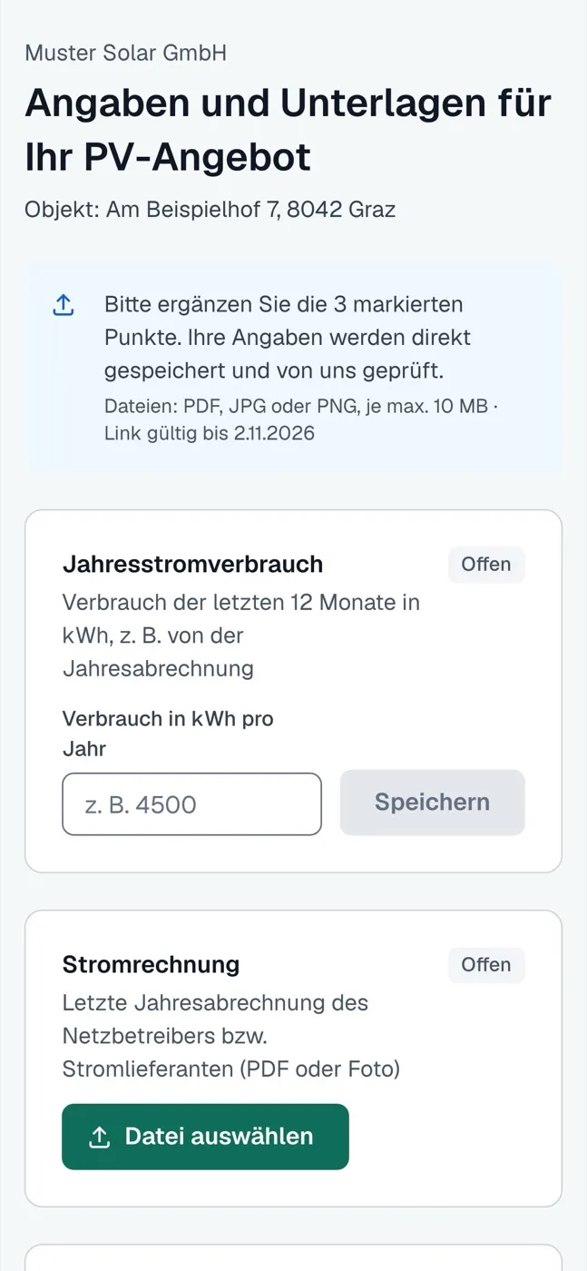 Kundenseite am Handy: Angaben und Unterlagen für das PV-Angebot