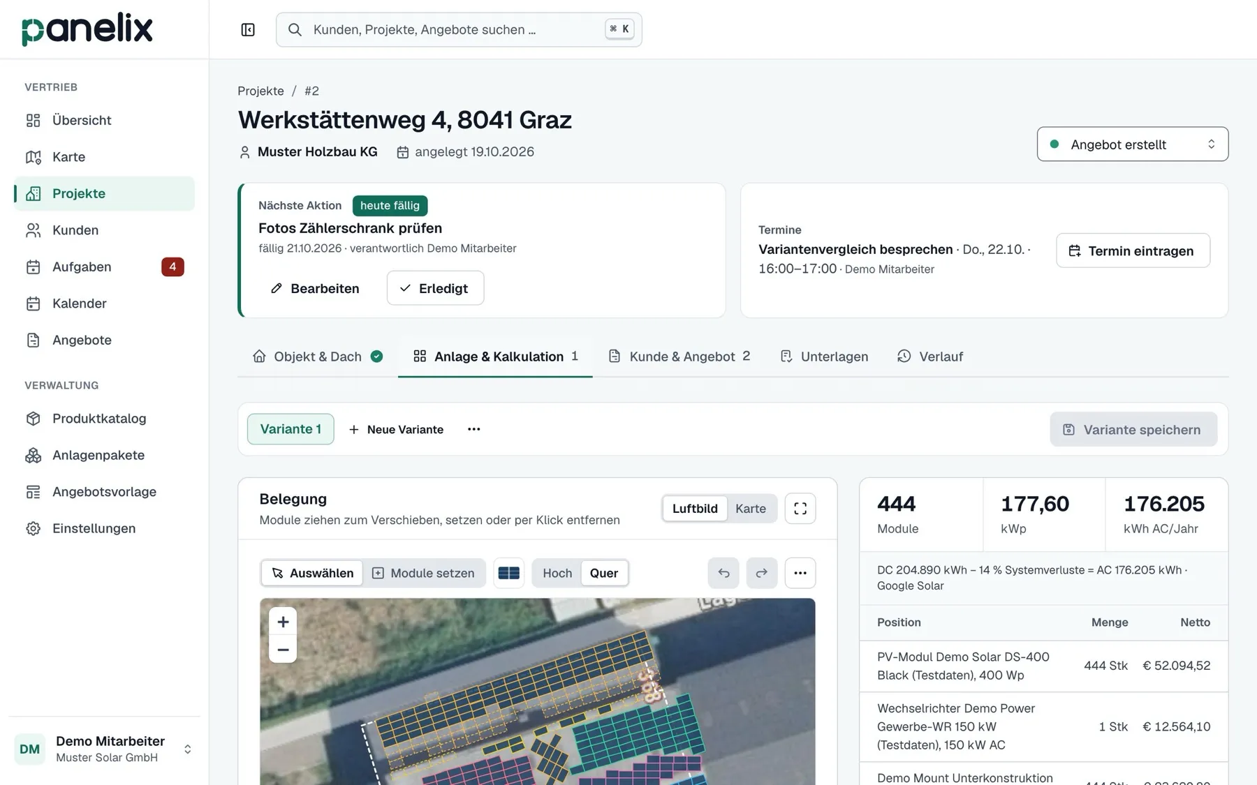 Panelix: Projekt mit Modulbelegung auf dem Luftbild, 444 Module, 177,60 kWp und Kalkulation